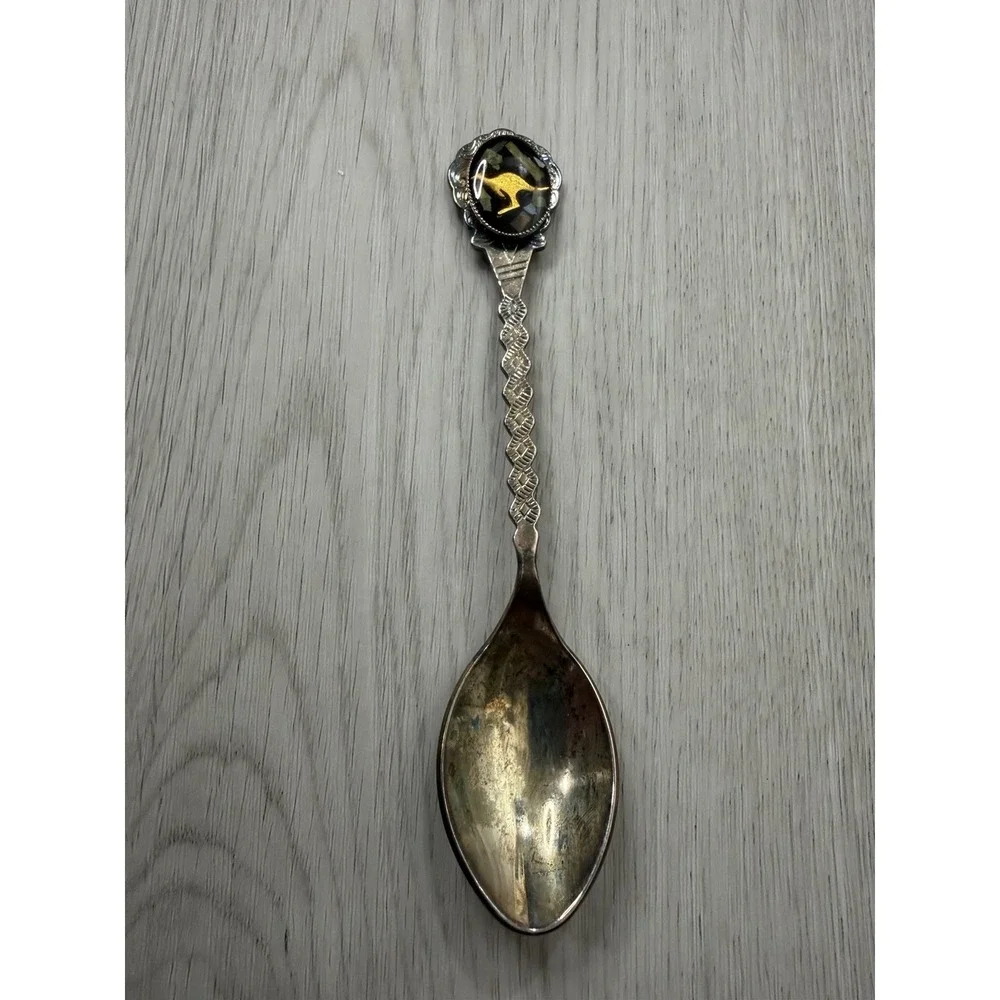 Australia Kangaroo Souvenir Spoon Crushed Opal Inlay Silver Tone VTG